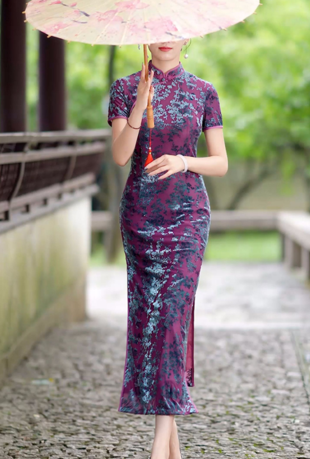 open lace back dress Purple Floral Silk Long Qipao Cheongsam Dress