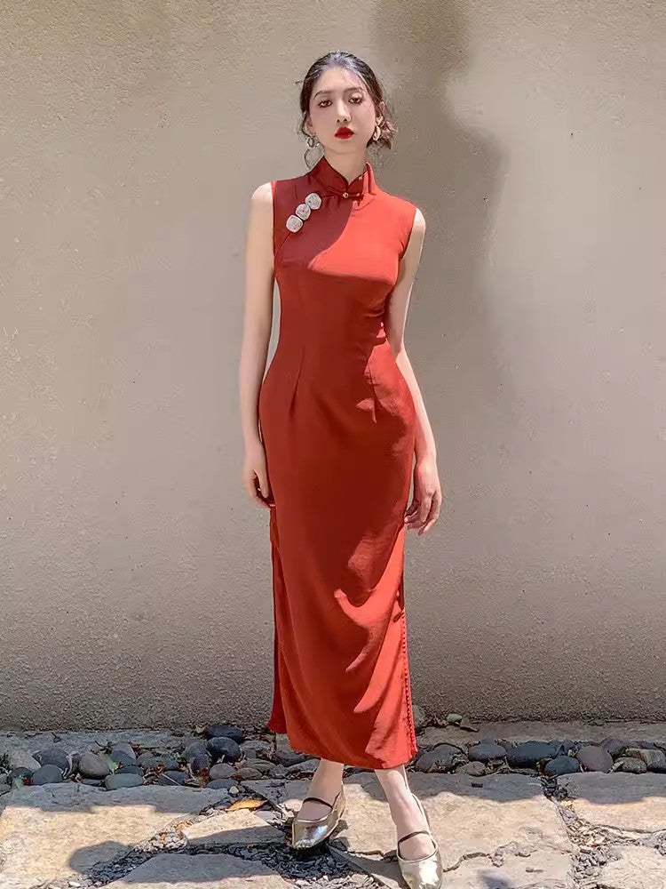 strapless open back dress Sunset Red Print Silk Mothers Maxi Qipao Cheongsam Dress main image 0