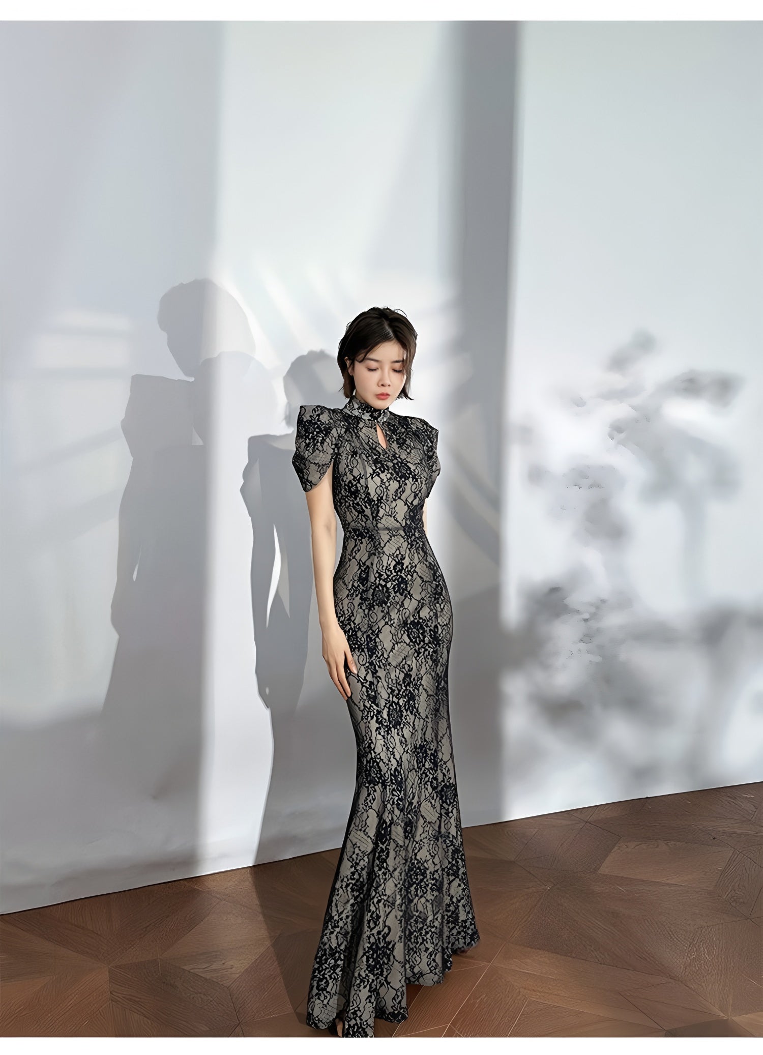 Original high-end hollowed-out lace composite cheongsam elegant new  princess sleeve waist-cinching bodycon dress  Chineseartcharm