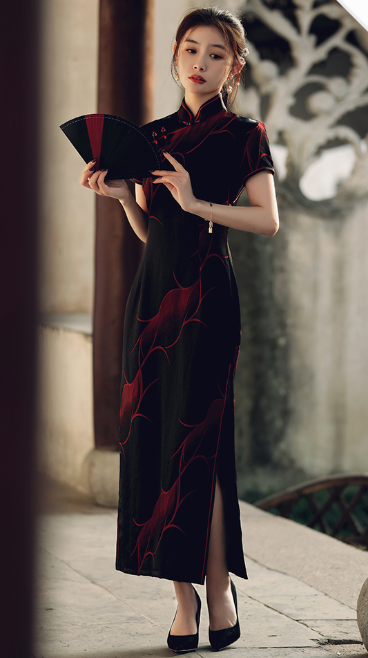 Traditional Black Full Cheongsam - Satin | Silk