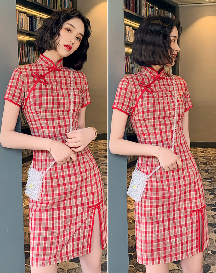 Cute Plaid Short Cheongsam - Cotton