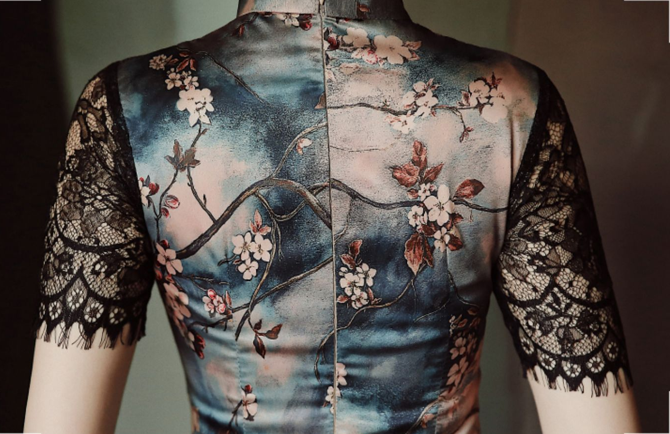 Sexy cheongsam dress with lace sleeves. Fully lined. custom dress