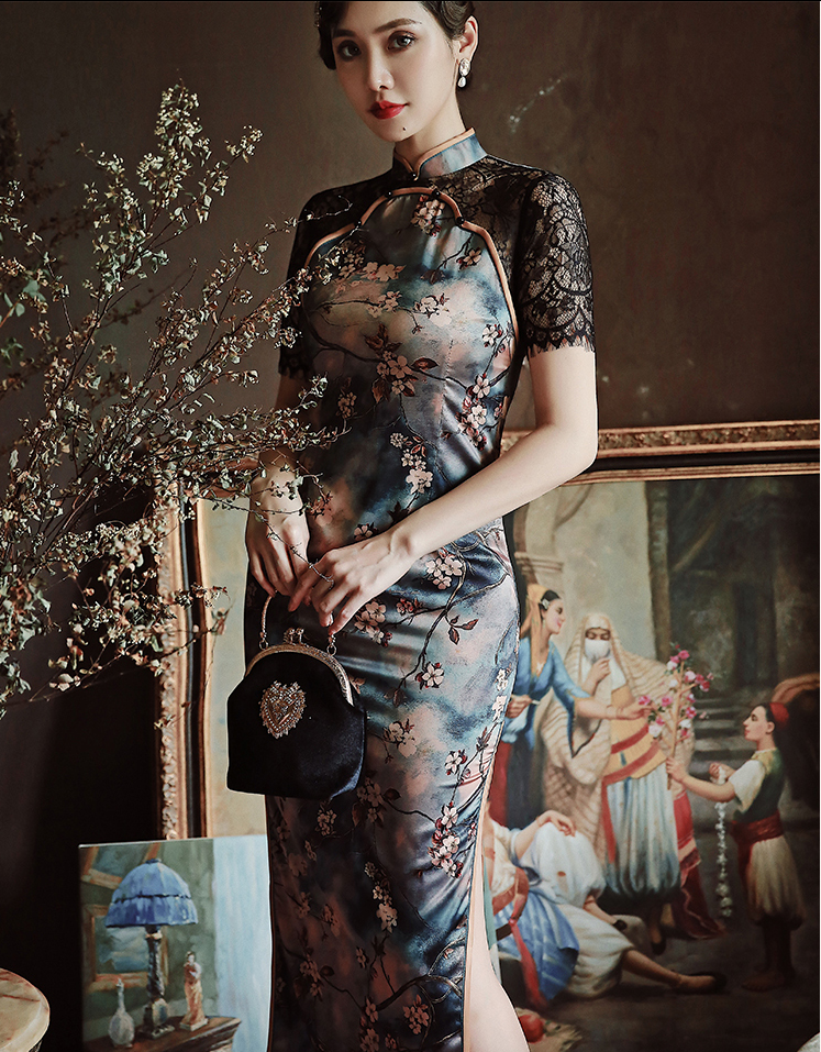 Sexy cheongsam dress with lace sleeves. Fully lined. custom dress