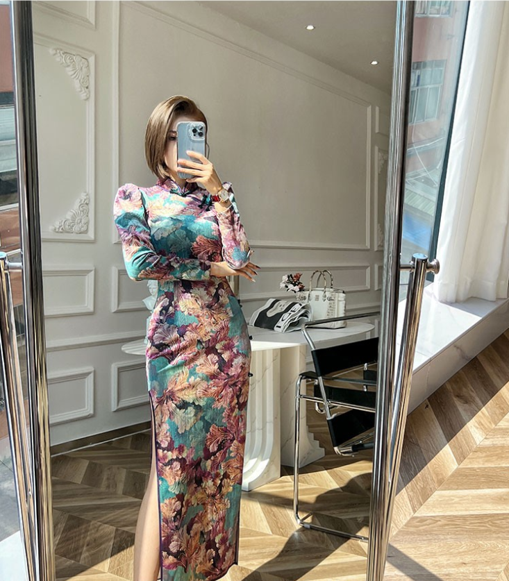 Handmade Modern Qipao .Jacquard floral cheongsam dress.EVEing dress