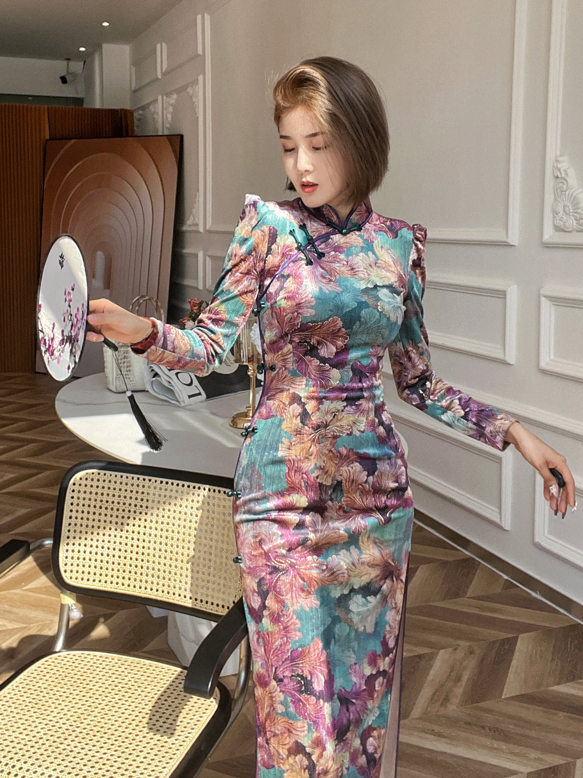 Handmade Modern Qipao .Jacquard floral cheongsam dress.EVEing dress