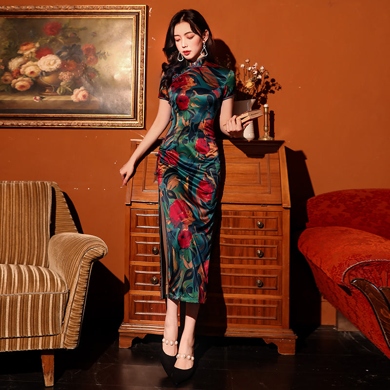 Traditional satin floral cheongsam. Green qipao. Custom dresses.