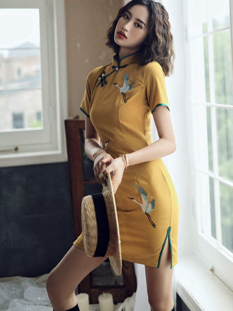 Yellow Mini Cheongsam Party Dress