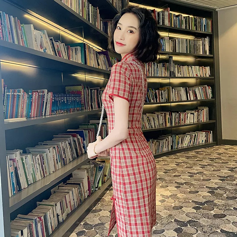 Cute Plaid Short Cheongsam - Cotton