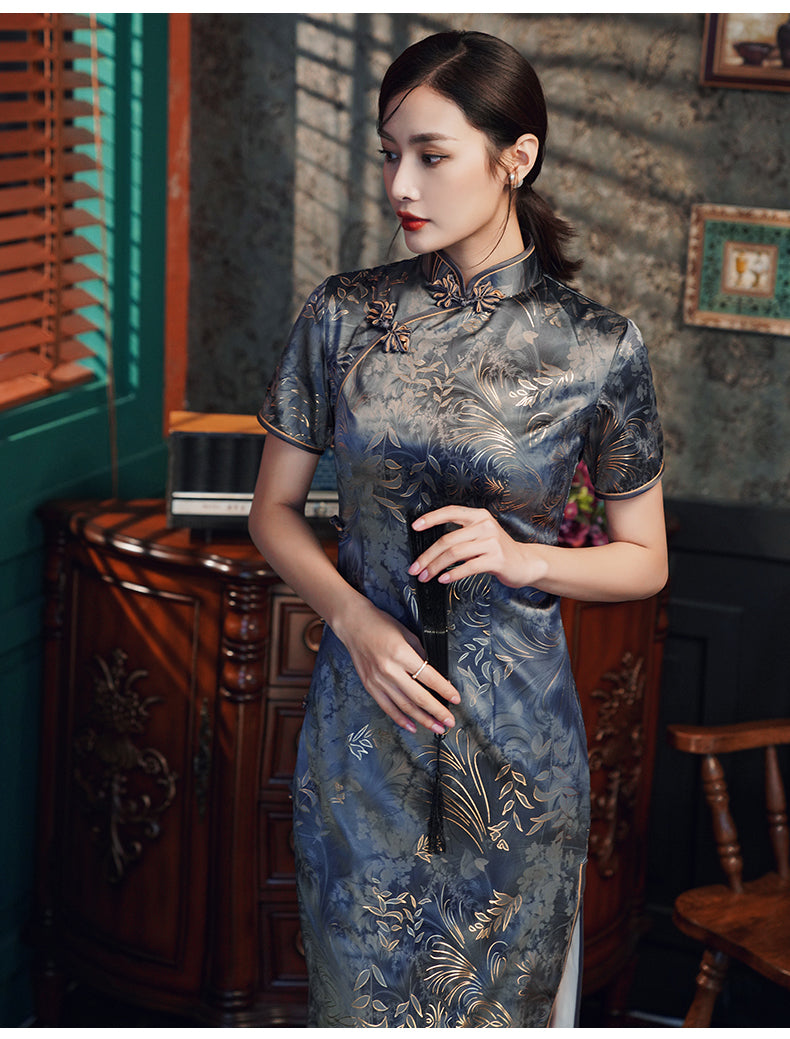 Traditional Blue Full Cheongsam Dress - Satin