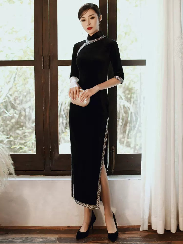 Elegant Wedding Dinner Cheongsam - Velvet - Multicolor