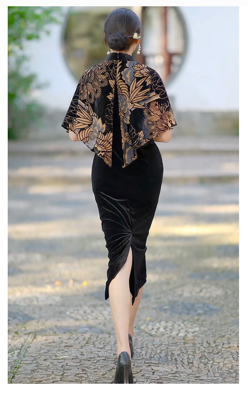 Traditional Chinese dress. Black velvet Cheongsam and shawl. Elegant evening dresses.