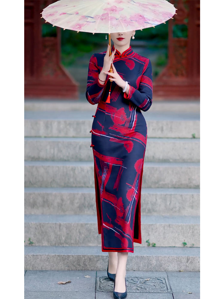 Traditional Chinese cheongsam dress. Autumn winter dress.