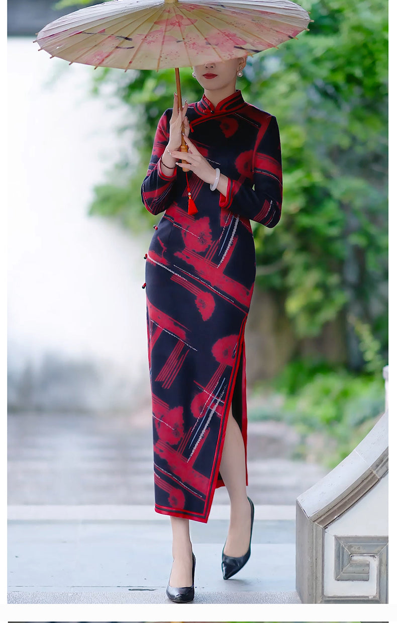 Traditional Chinese cheongsam dress. Autumn winter dress.