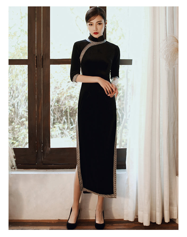 Elegant Wedding Dinner Cheongsam - Velvet - Multicolor