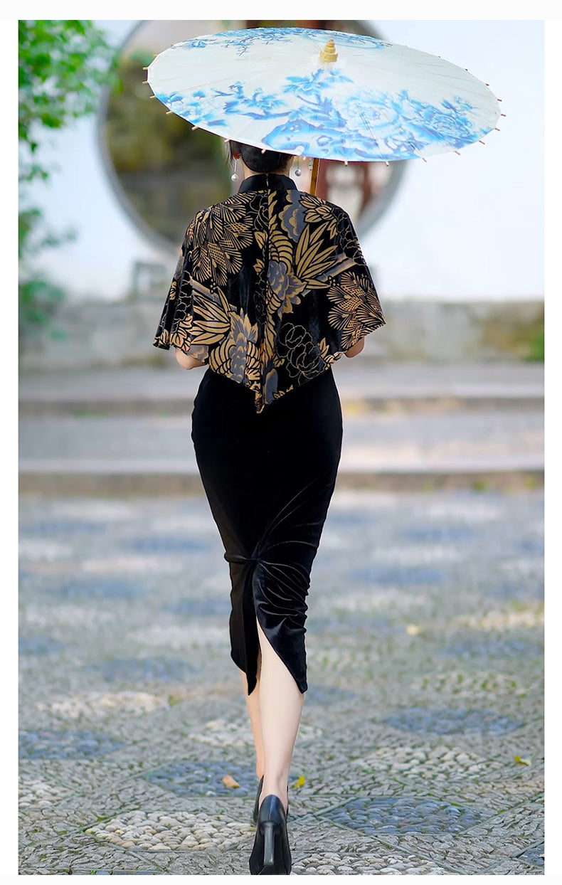 Traditional Chinese dress. Black velvet Cheongsam and shawl. Elegant evening dresses.