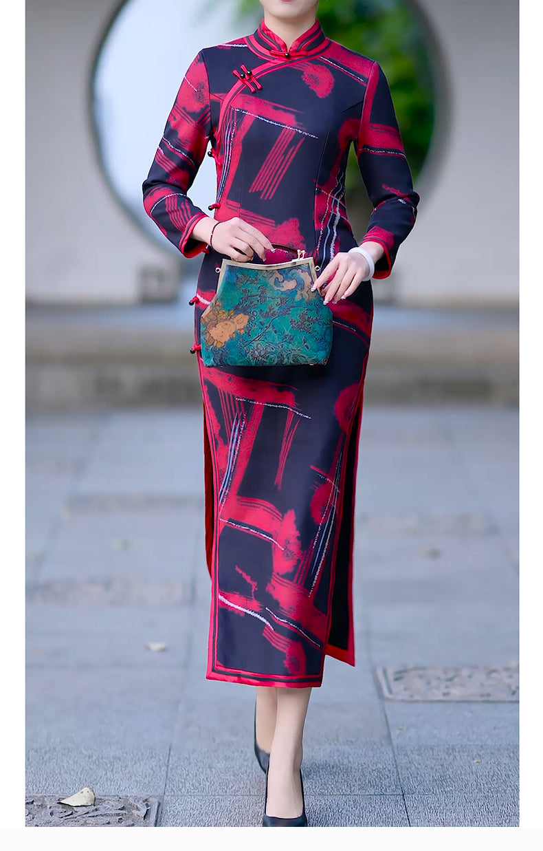 Traditional Chinese cheongsam dress. Autumn winter dress.