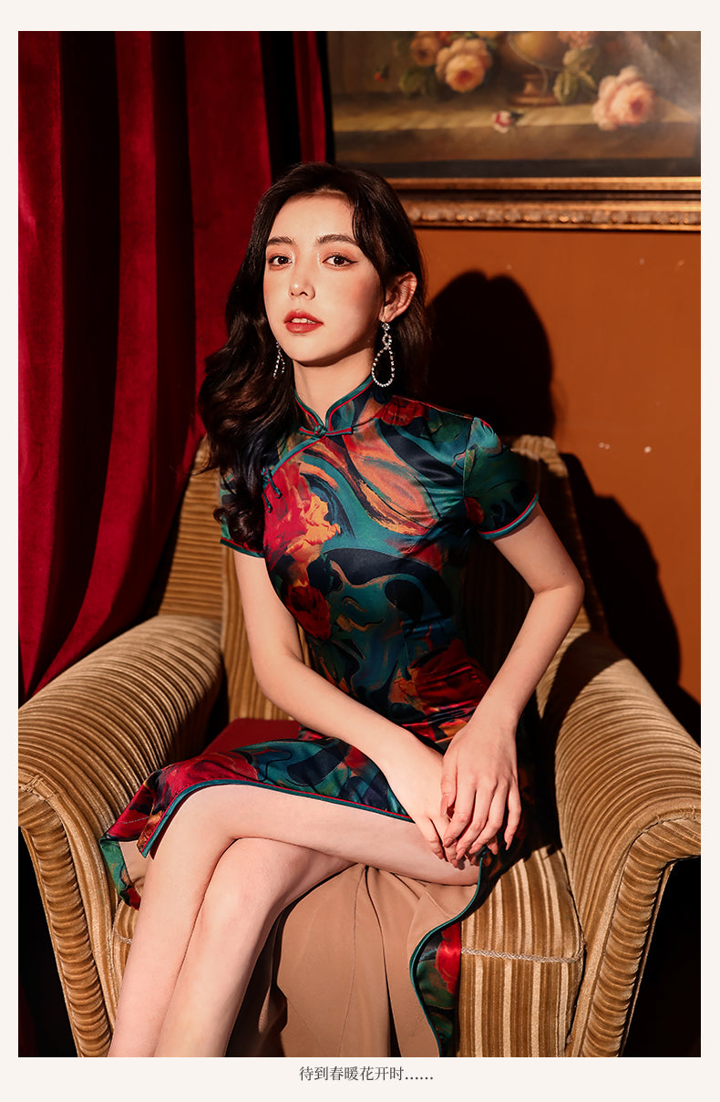 Traditional satin floral cheongsam. Green qipao. Custom dresses.