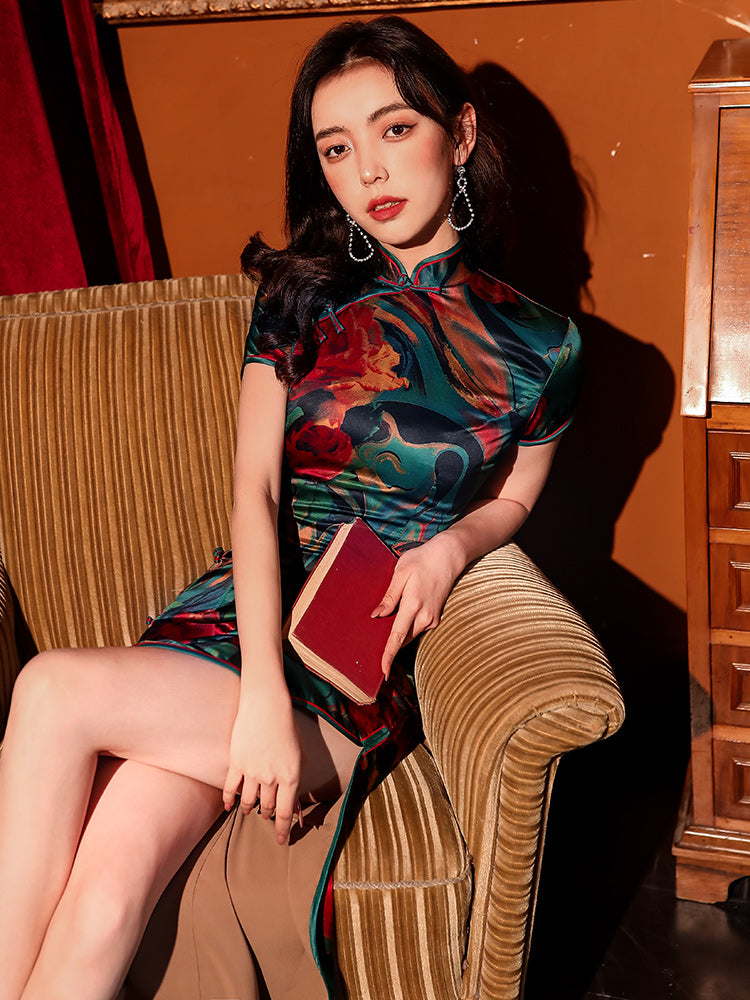 Traditional satin floral cheongsam. Green qipao. Custom dresses.