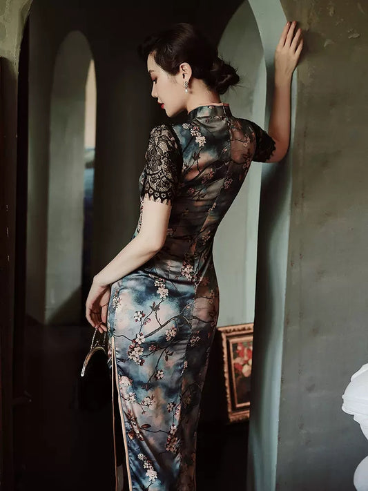 Sexy cheongsam dress with lace sleeves. Fully lined. custom dress