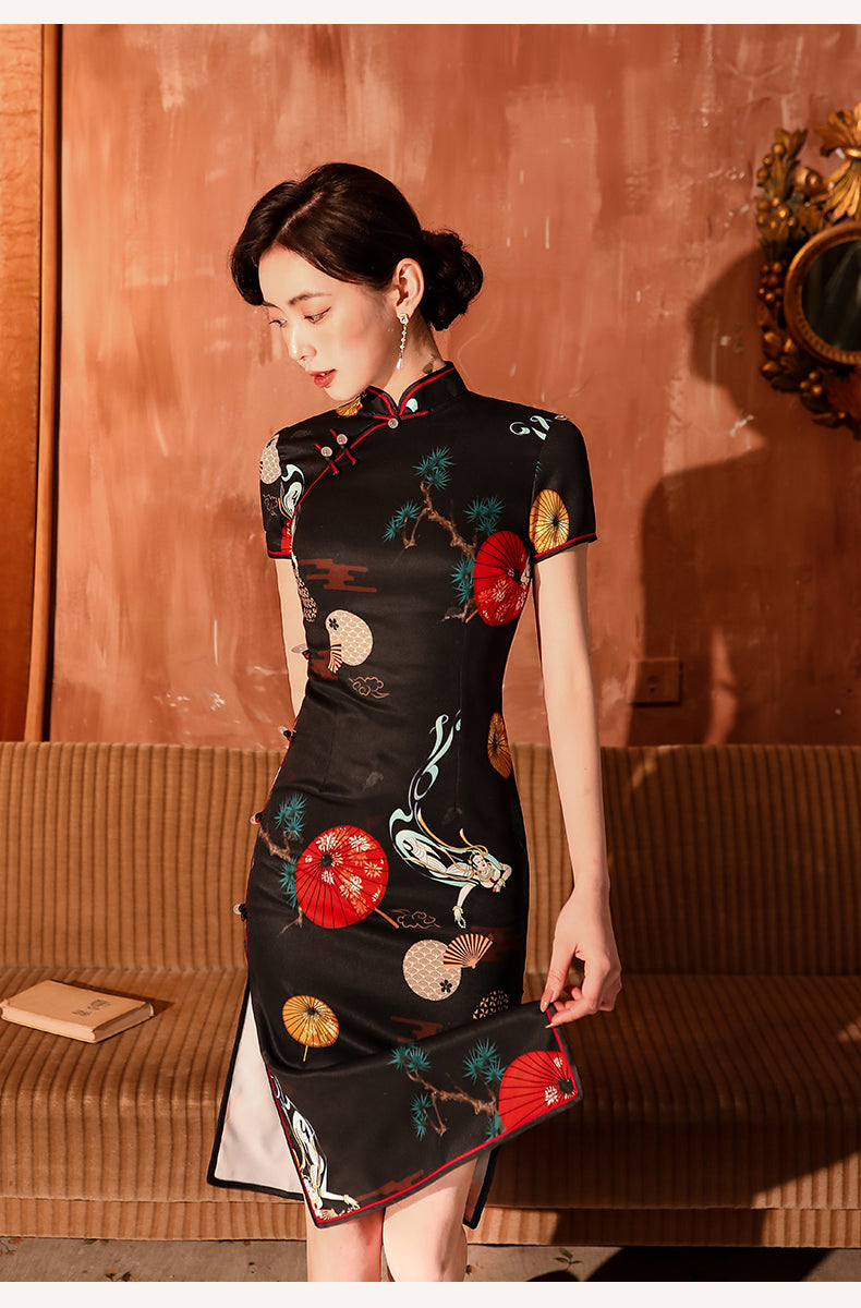 Black knee-length cheongsam dress. modern qipao. Custom dresses. Polyester and cotton blend