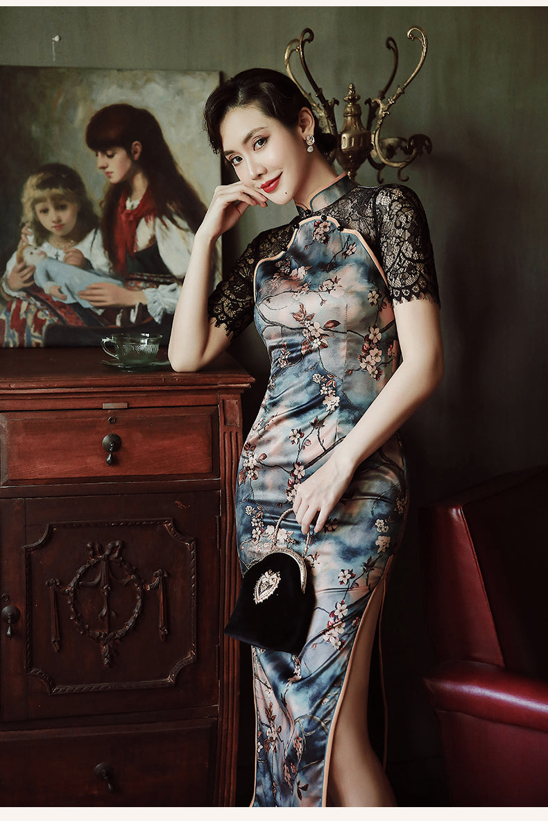 Sexy cheongsam dress with lace sleeves. Fully lined. custom dress