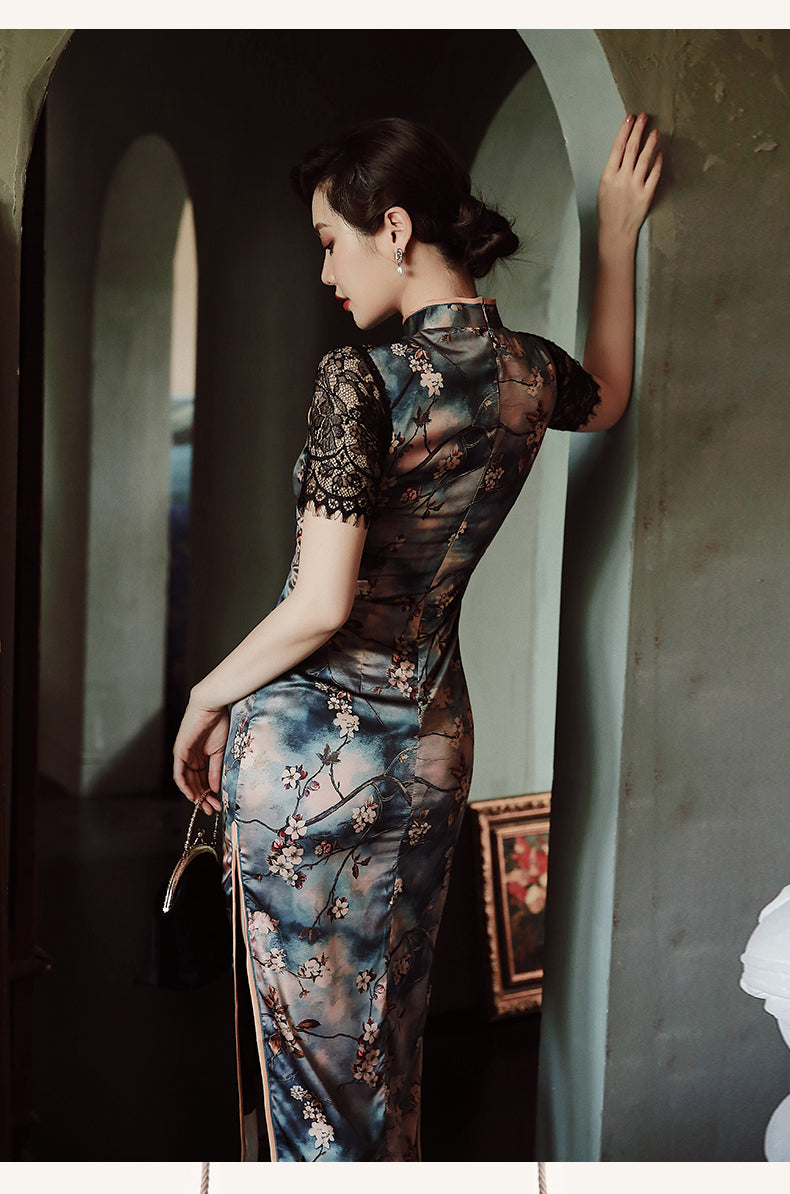 Sexy cheongsam dress with lace sleeves. Fully lined. custom dress