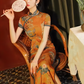 Yellow Chinese short-sleeved cheongsam. Retro cheongsam.
