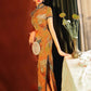 Yellow Chinese short-sleeved cheongsam. Retro cheongsam.