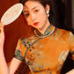 Yellow Chinese short-sleeved cheongsam. Retro cheongsam.