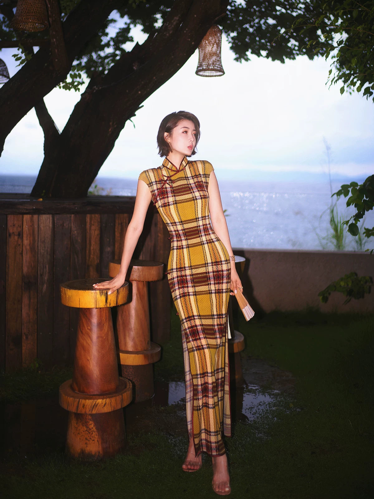 Modern qipao gown with a yellow plaid pattern