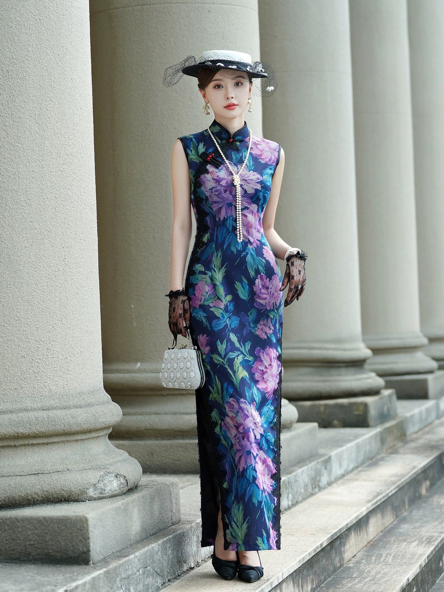 Sleeveless Qipao Gown with Vibrant, Colorful Patterns