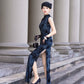 Blue sleeveless modern qipao gown