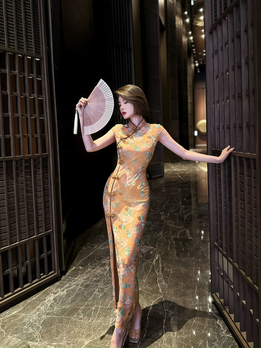 Gold-stamped printed retro cheongsam