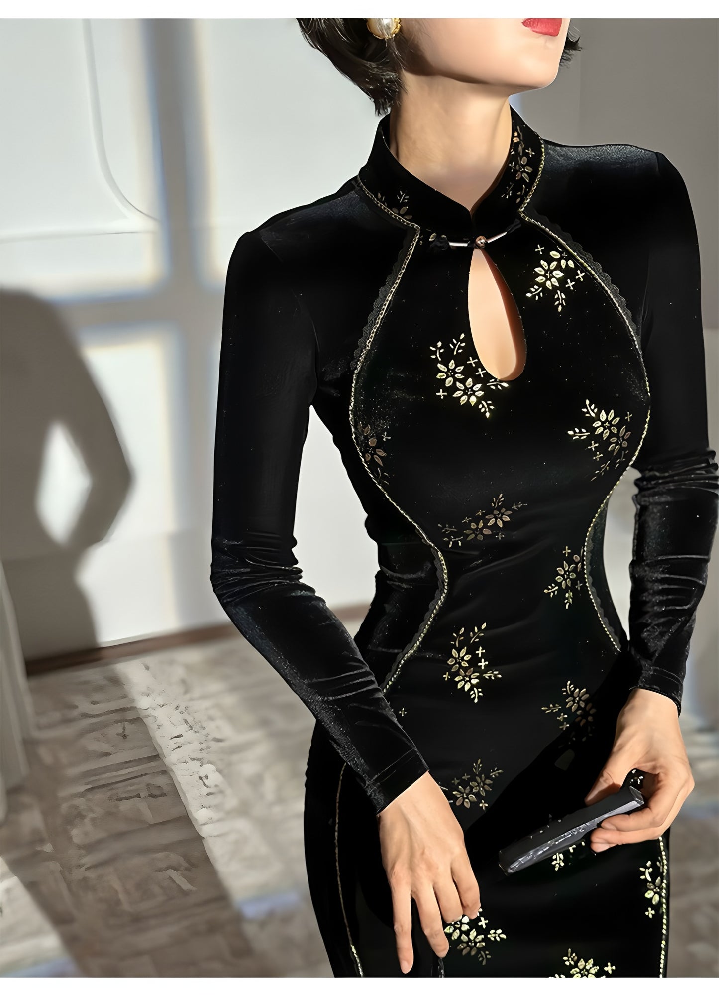 Elegant, retro, and sexy cheongsam in gold velvet