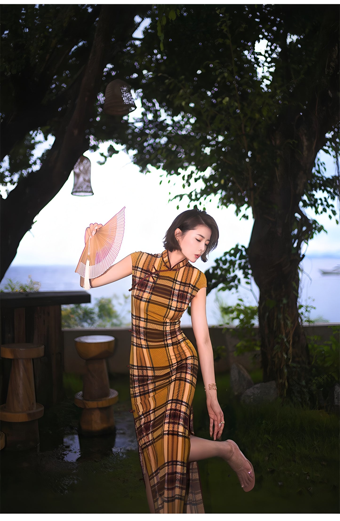 Modern qipao gown with a yellow plaid pattern