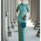 Tailoring a modern blue-green qipao gown for you.