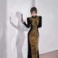 Gold sequined black velvet cheongsam dress
