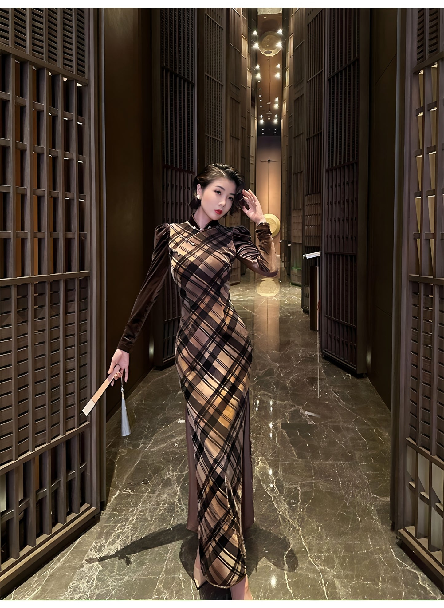 Retro plaid silk cheongsam