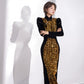 Gold sequined black velvet cheongsam dress