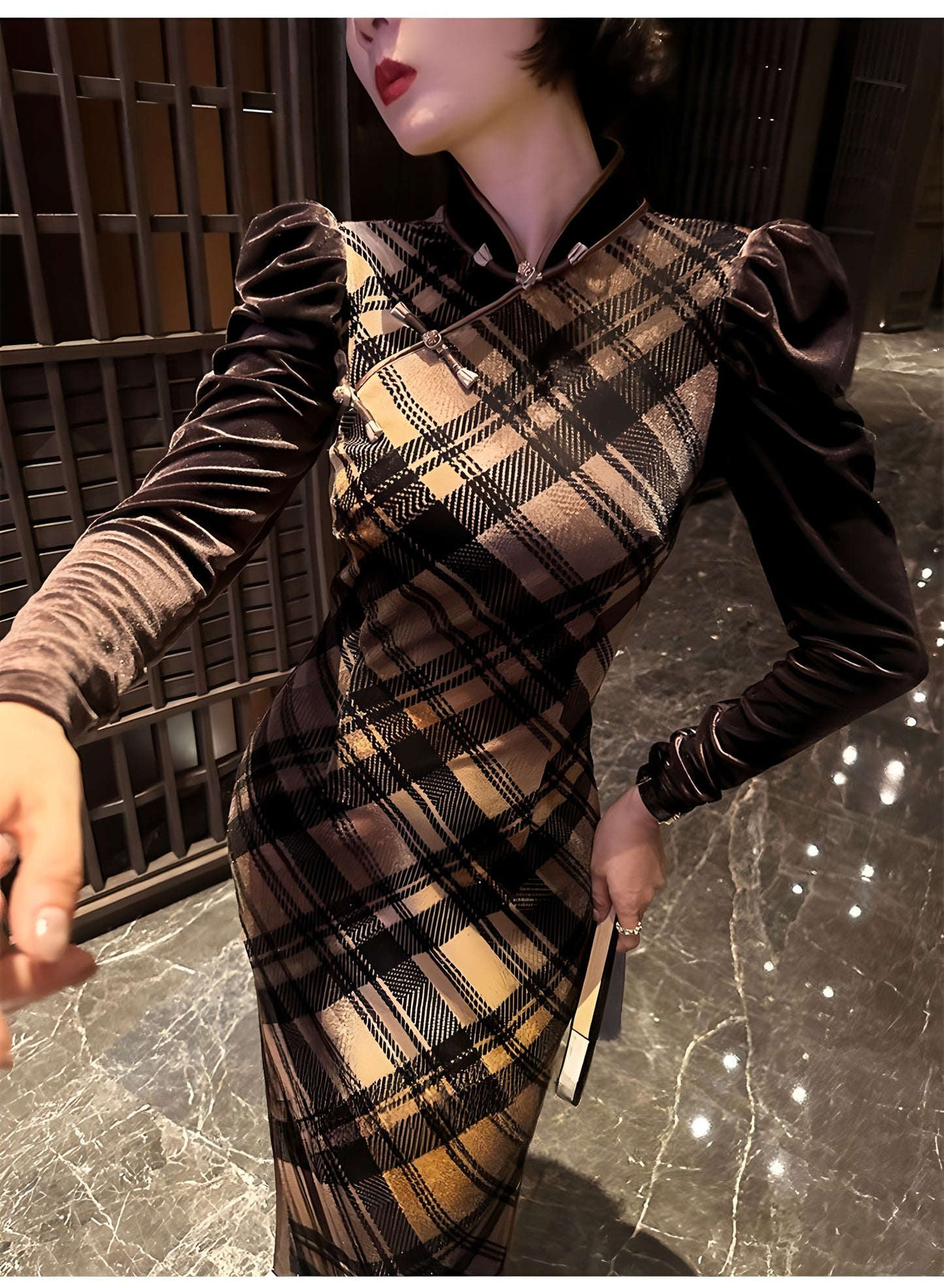 Retro plaid silk cheongsam