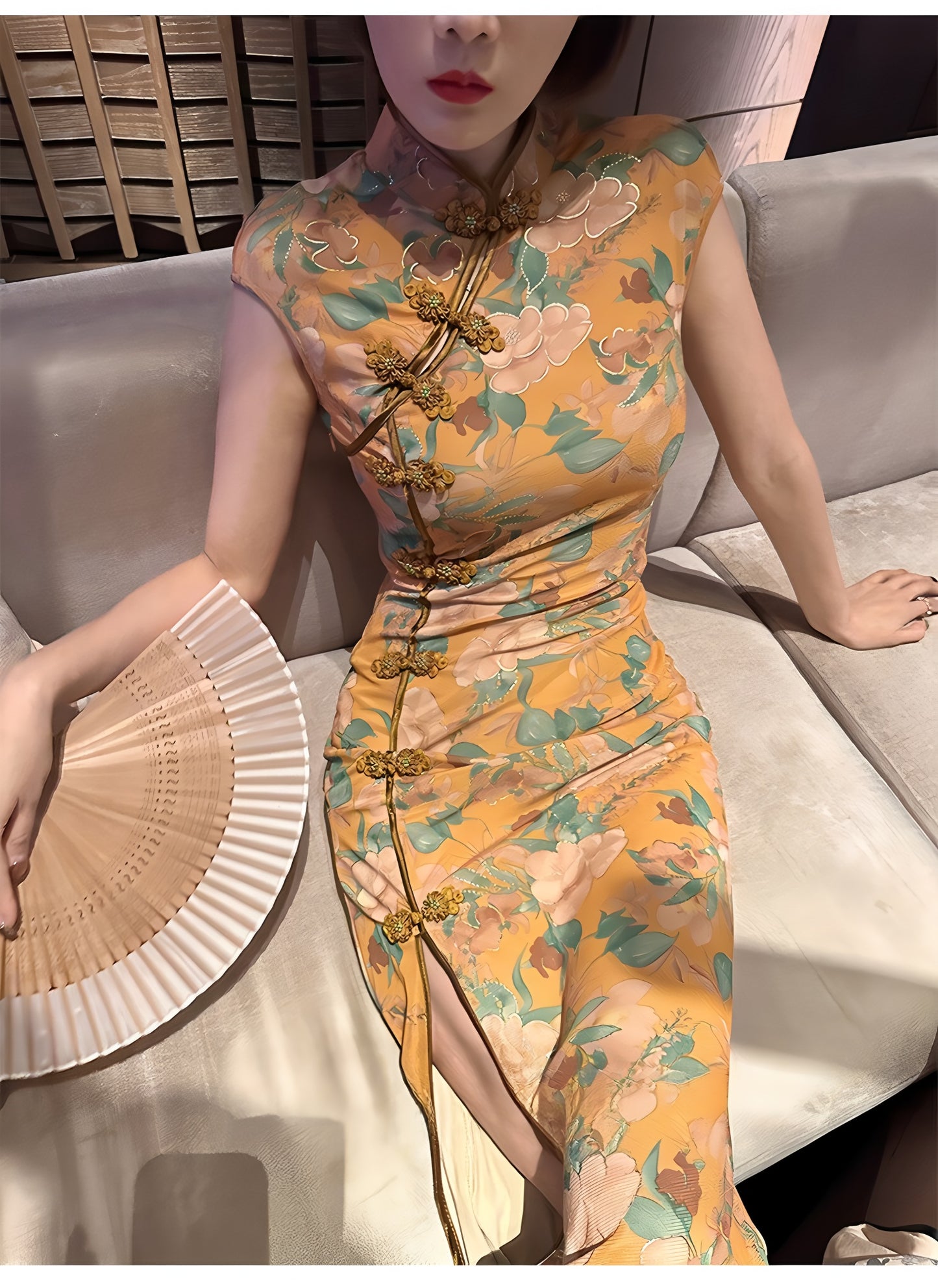 Gold-stamped printed retro cheongsam