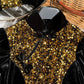 Gold sequined black velvet cheongsam dress