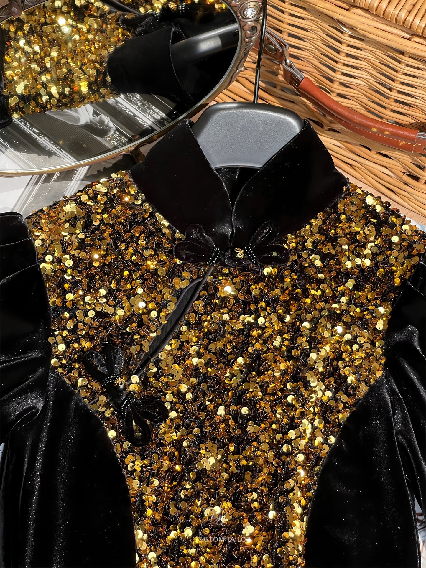 Gold sequined black velvet cheongsam dress