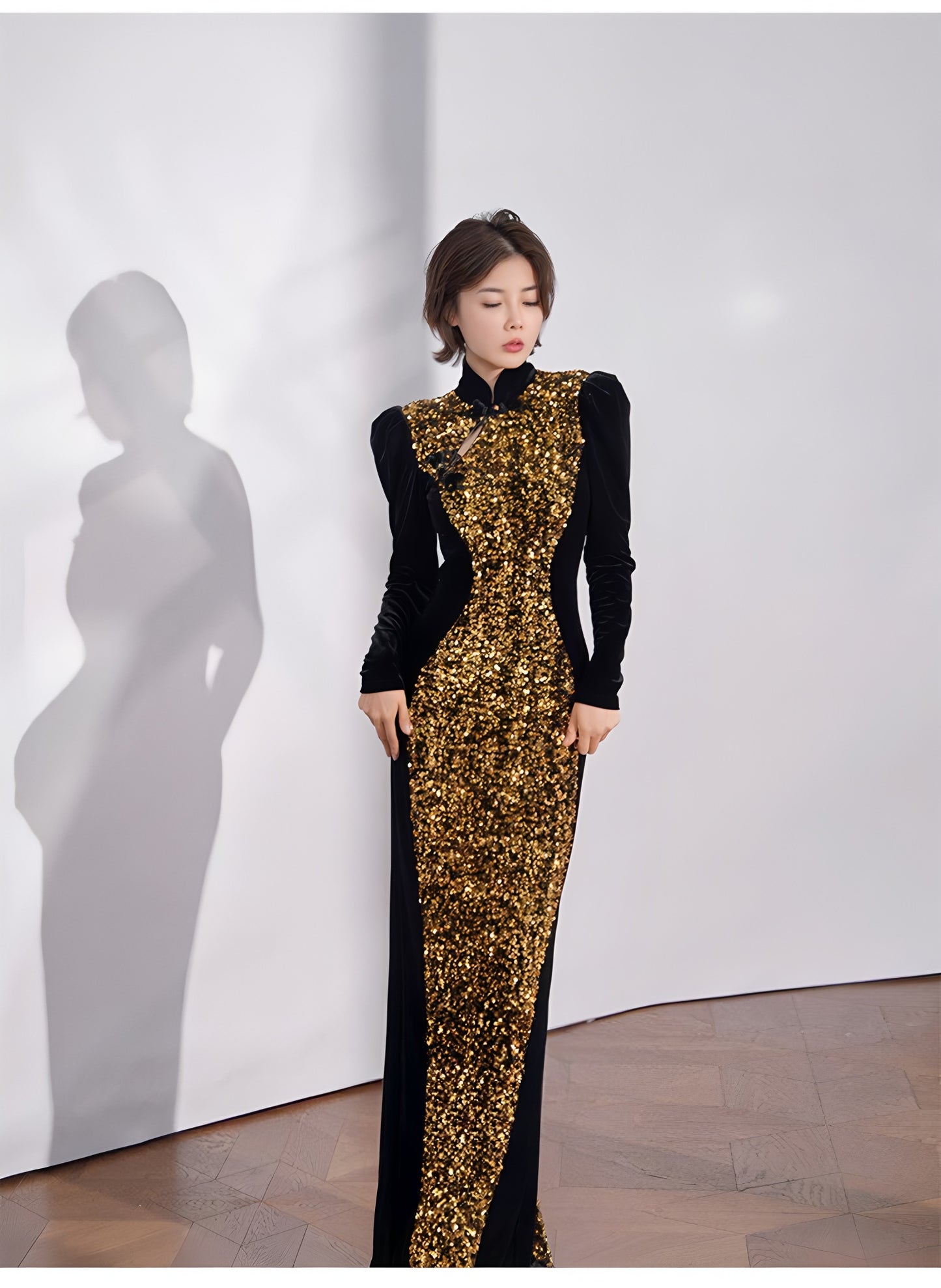 Gold sequined black velvet cheongsam dress