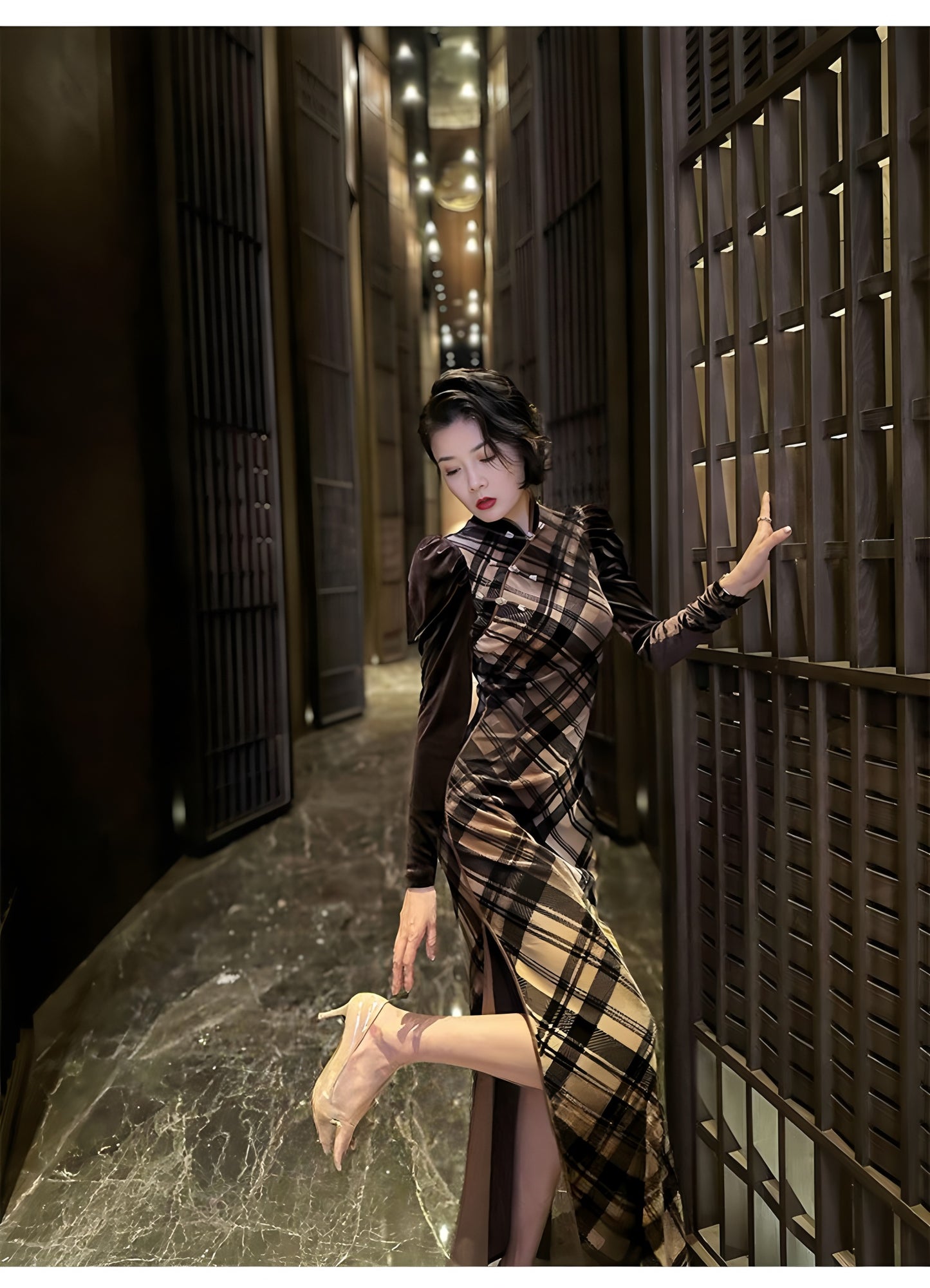 Retro plaid silk cheongsam