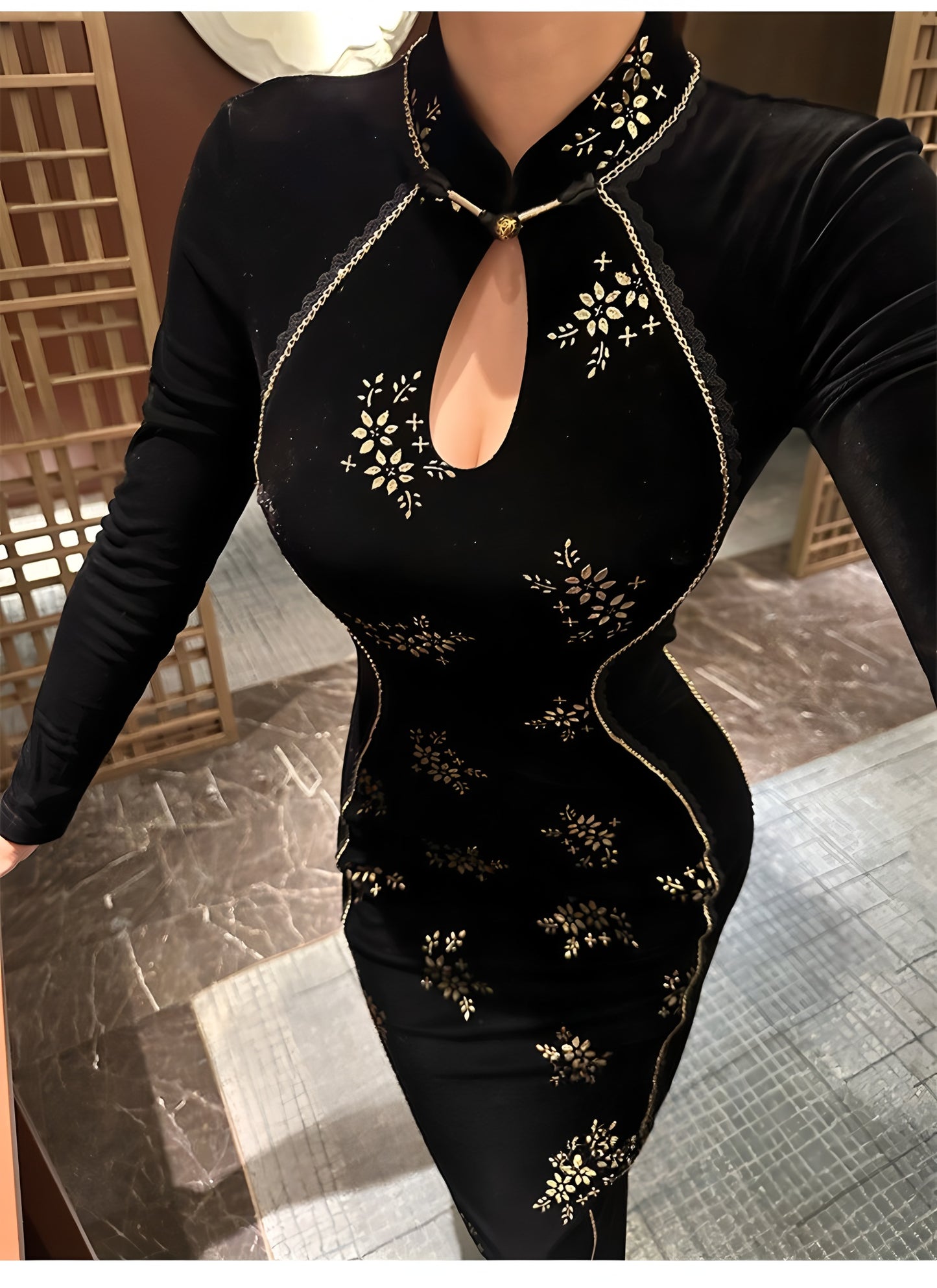 Elegant, retro, and sexy cheongsam in gold velvet