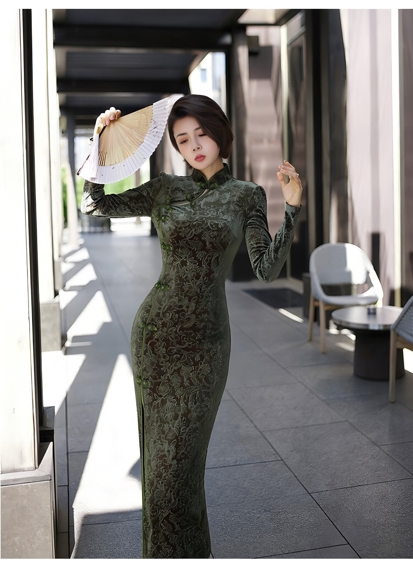 Carved velvet cheongsam dress
