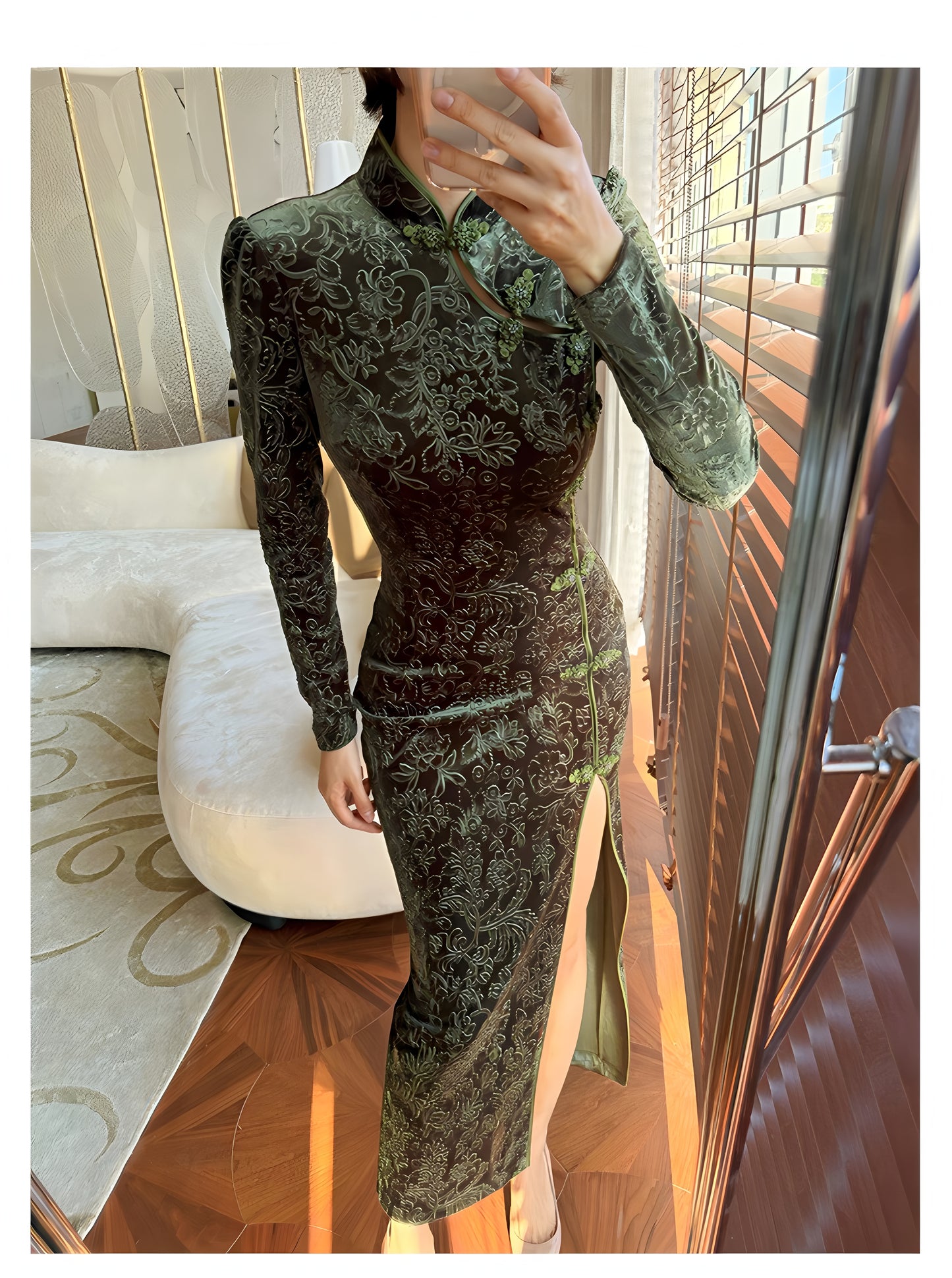 Carved velvet cheongsam dress