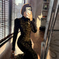 Gold sequined black velvet cheongsam dress