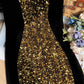 Gold sequined black velvet cheongsam dress